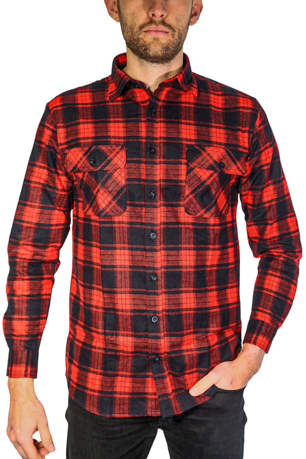 Br Apparel Men's Flannelette Long Sleeve Shirt 100% Cotton Check Red Casual Shirts