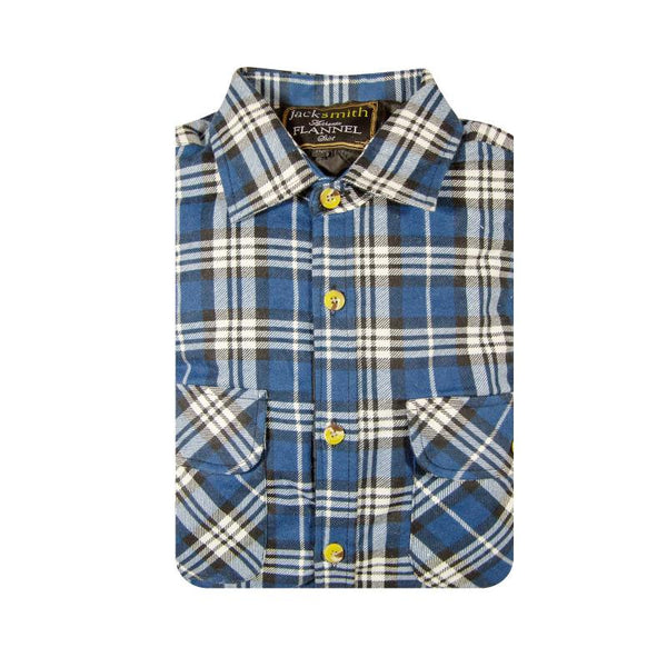 Jacksmith Mens Flannelette Long Sleeve Shirt 100% Cotton Check Full Placket Spanish Blue Casual Shirts