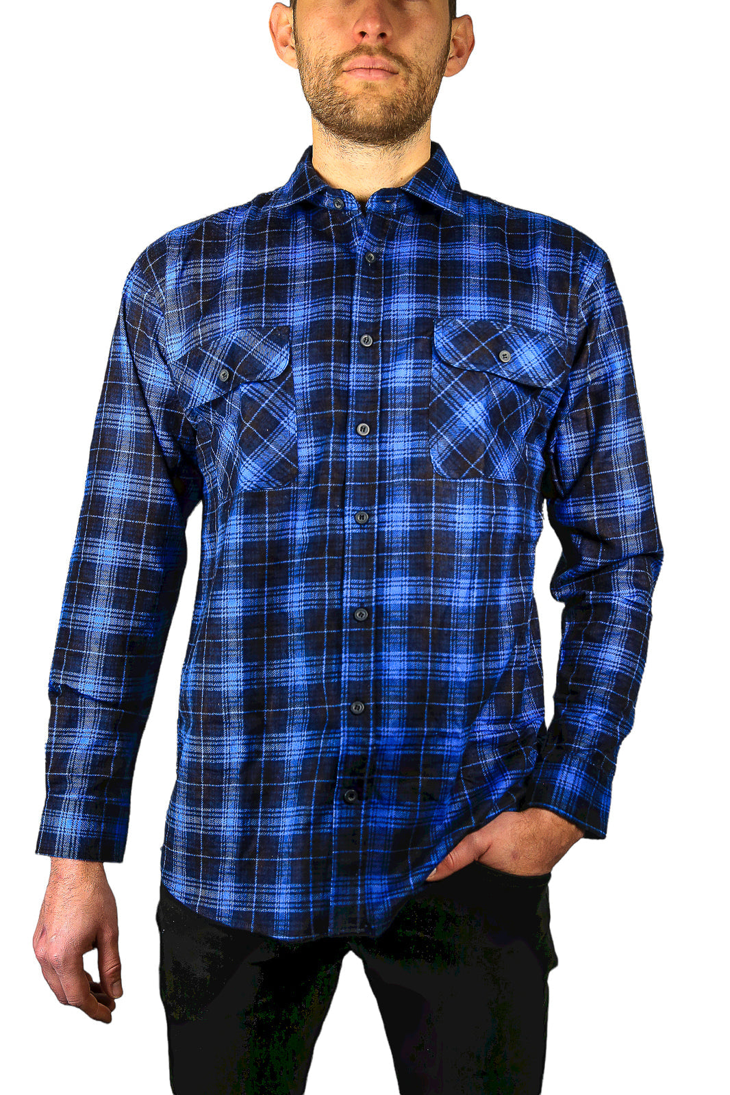 Jacksmith Men's 100% Cotton Flannelette Shirt Long Sleeve Checkered Blue 3Xl T Shirts
