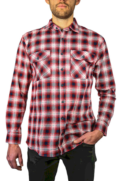 Men's 100% Cotton Flannelette Shirt Long Sleeve Checkered Red/Navy Casual Shirts