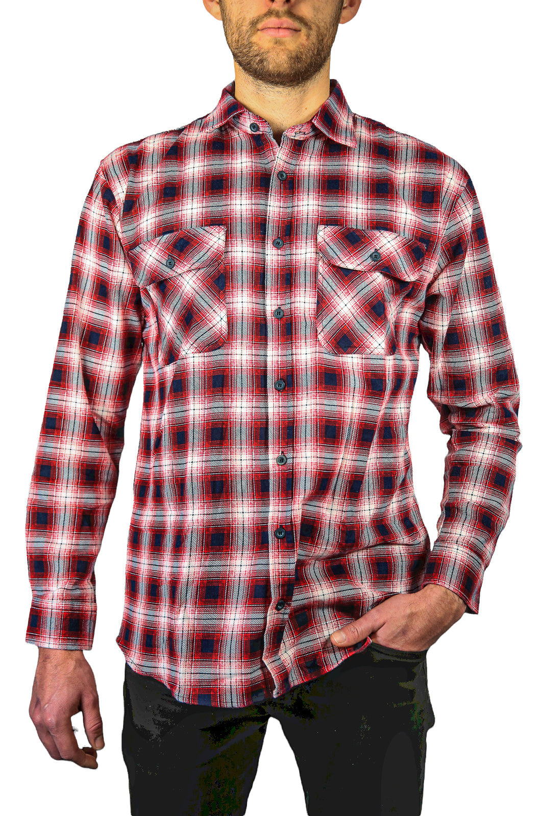 Men's 100% Cotton Flannelette Shirt Long Sleeve Checkered Red/Navy Casual Shirts