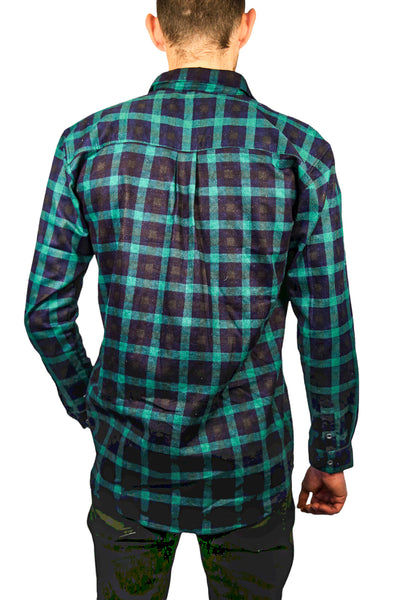 Men's 100% Cotton Flannelette Shirt Long Sleeve Checkered Green/Navy T Shirts