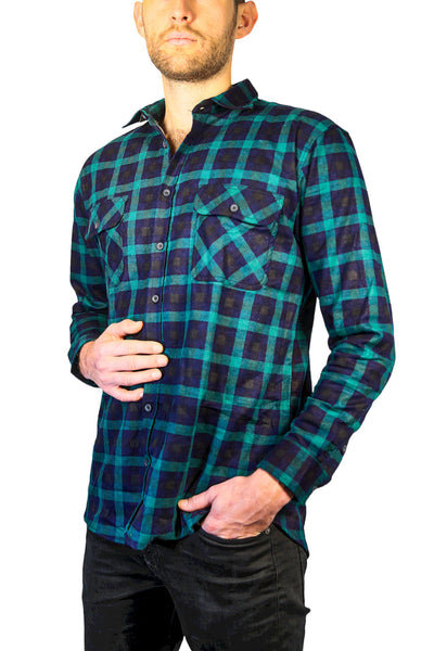 Men's 100% Cotton Flannelette Shirt Long Sleeve Checkered Green/Navy T Shirts