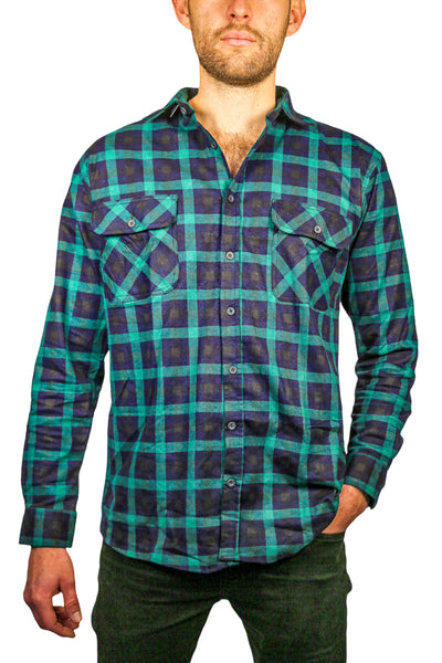 Men's 100% Cotton Flannelette Shirt Long Sleeve Checkered Green/Navy T Shirts