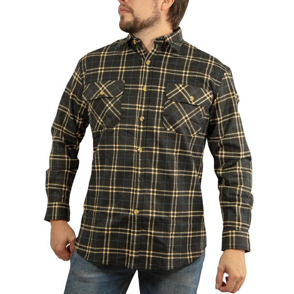 Mens Long Sleeve Flannelette Shirt 100% Cotton Black Check Casual Shirts