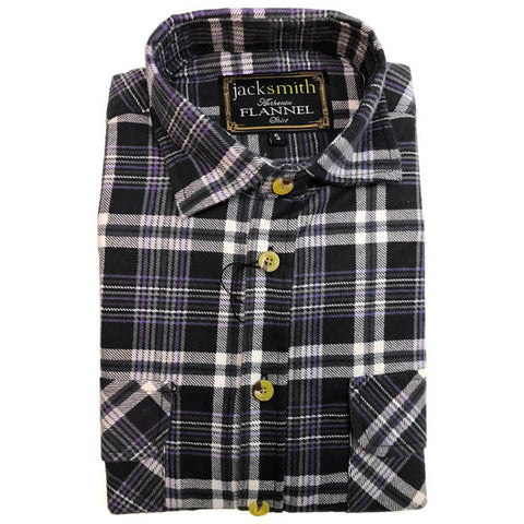 Jacksmith Mens Half Placket Flannelette Long Sleeve Pullover Shirt 100% Cotton Check Authentic Black/Purple Casual Shirts