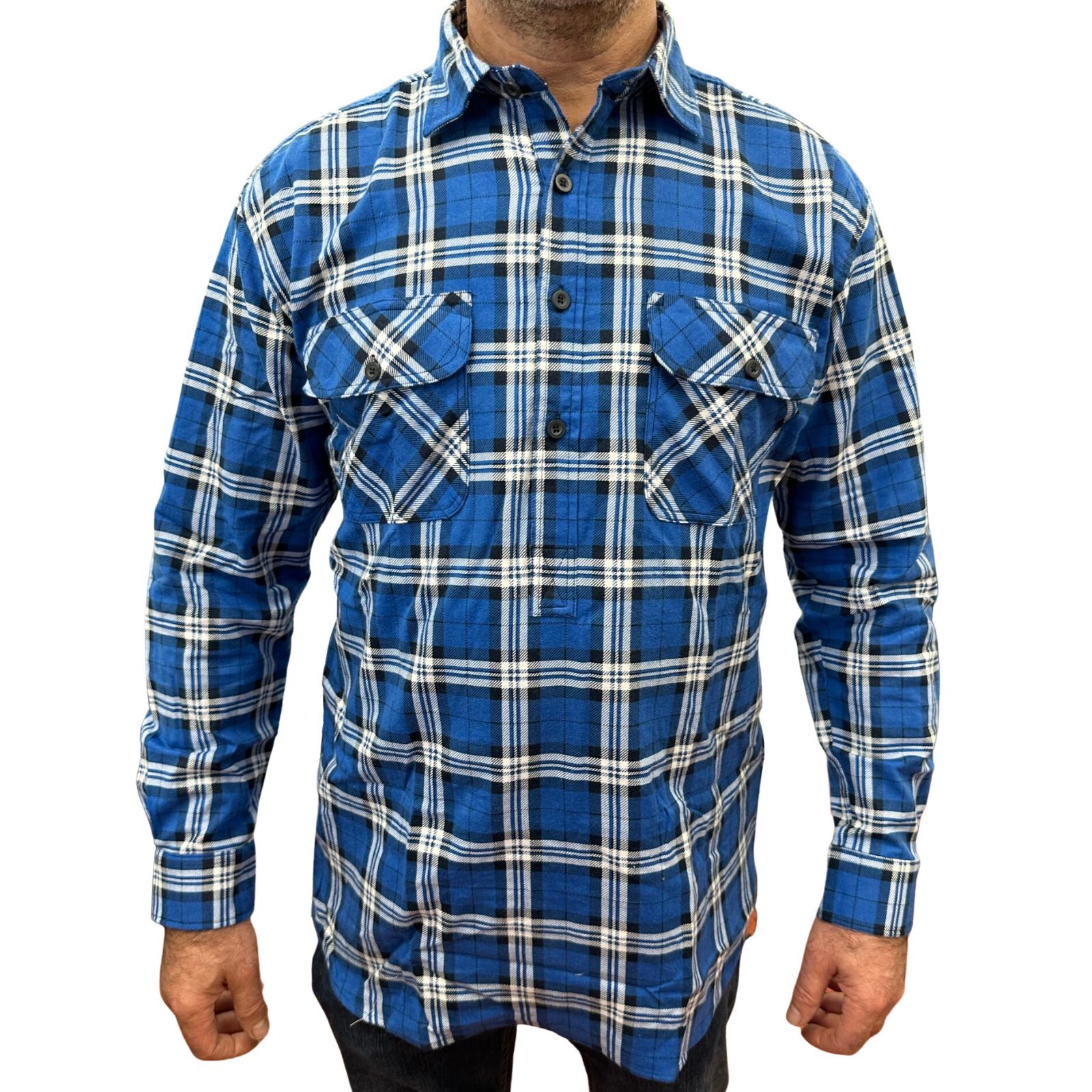 Mens Flannelette Long Sleeve Pullover Shirt 100% Cotton Half Placket Navy 3Xl Casual Shirts