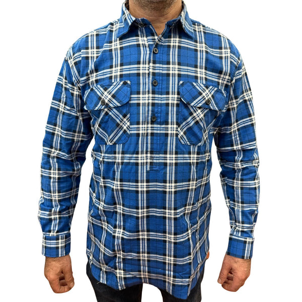 Mens Flannelette Long Sleeve Pullover Shirt 100% Cotton Half Placket Navy 3Xl Casual Shirts