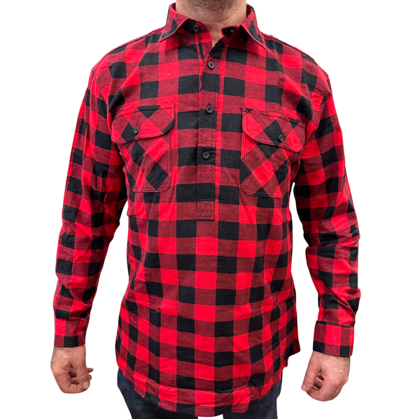 Mens Flannelette Long Sleeve Pullover Shirt 100% Cotton Half Placket Red/Black 3Xl Casual Shirts
