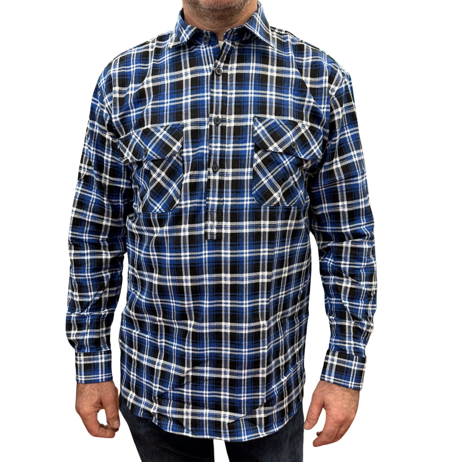 Men's Flannelette Long Sleeve Pullover Shirt 100% Cotton Half Placket Blue/Black 3Xl Winter Work Casual Shirts