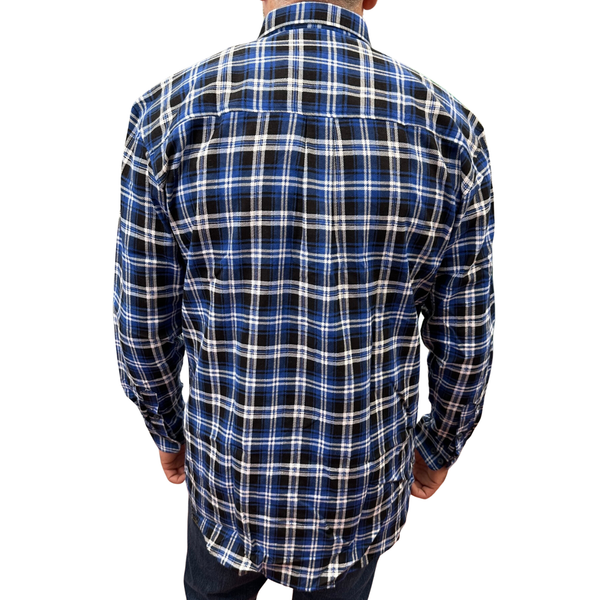 Men's Flannelette Long Sleeve Pullover Shirt 100% Cotton Half Placket Blue/Black 3Xl Winter Work Casual Shirts