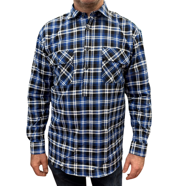 Mens Flannelette Long Sleeve Pullover Shirt 100% Cotton Half Placket Blue T Shirts