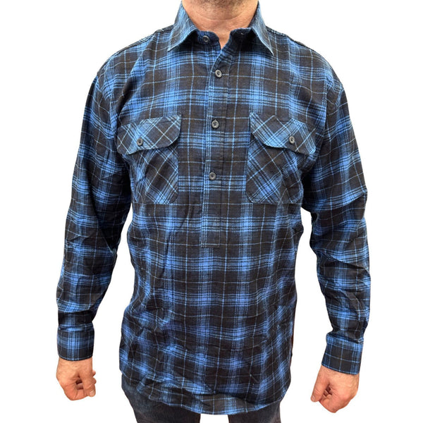 Mens Flannelette Long Sleeve Pullover Shirt 100% Cotton Half Placket Blue T Shirts