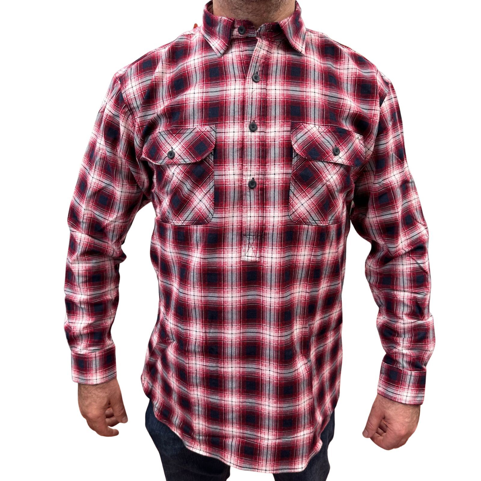 Mens Flannelette Long Sleeve Pullover Shirt 100% Cotton Half Placket Red/Black 3Xl Casual Shirts