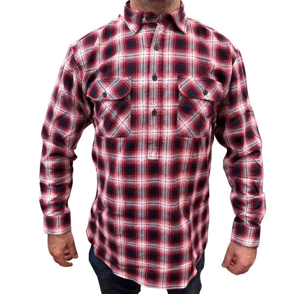 Mens Flannelette Long Sleeve Pullover Shirt 100% Cotton Half Placket Red/Black 3Xl Casual Shirts
