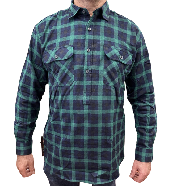 Mens Flannelette Long Sleeve Pullover Shirt 100% Cotton Half Placket Green/Navy Casual Shirts