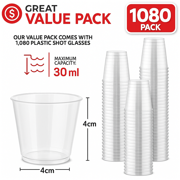1080Pcs 30Ml Reusable & Disposable Plastic Shot Glasses Clear Cups Event Tastings Bulk Single Cutlery Pieces