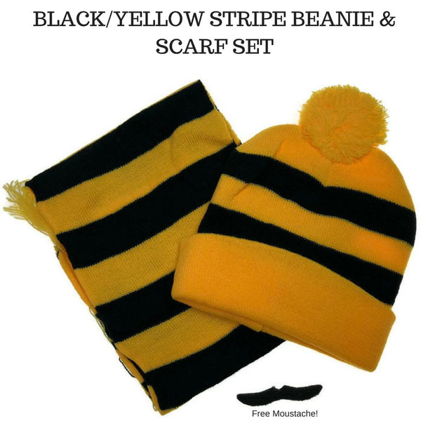 Br Costumes Tigers Beanie Hat & Scarf Set Party W Moustache Warm Winter Black/Yellow Stripe Unisex Costumes