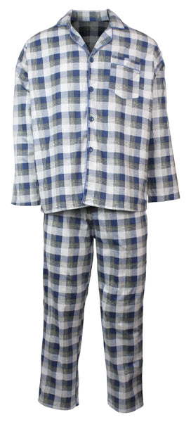 Mens Flannelette Pyjama Set Sleepwear Soft 100% Cotton Pjs Two Piece Light Blue Check Sleepwear & Robes