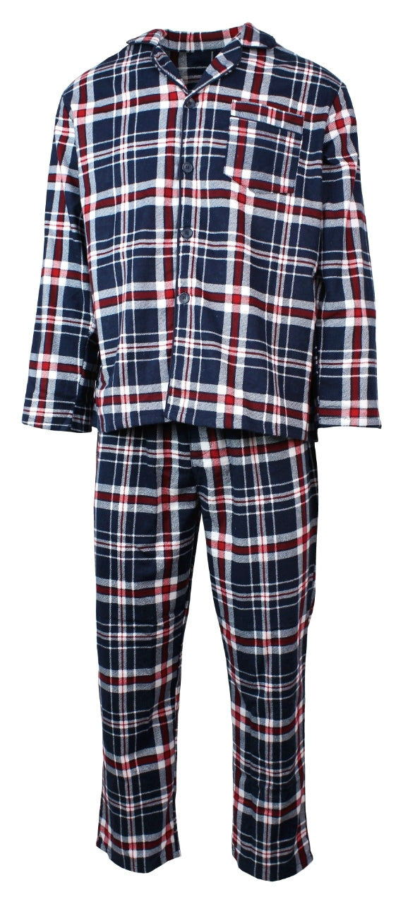 Mens Flannelette Pyjama Set Sleepwear Soft 100% Cotton Pjs Two Piece Navy/Red Check Sleepwear & Robes