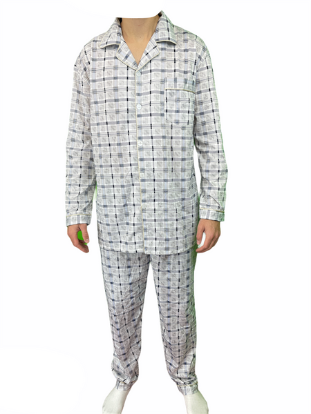 Mens Cotton Pajamas Pyjamas Pjs Long Sleeve Shirt Tops + Pants Set Sleepwear White/Blue Sleepwear & Robes