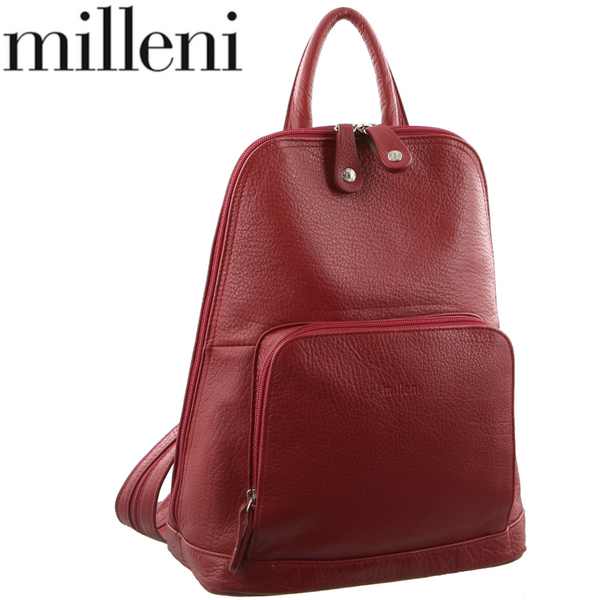 Milleni Womens Twin Zip Backpack Nappa Italian Leather Bag Travel Red Women Backpacks