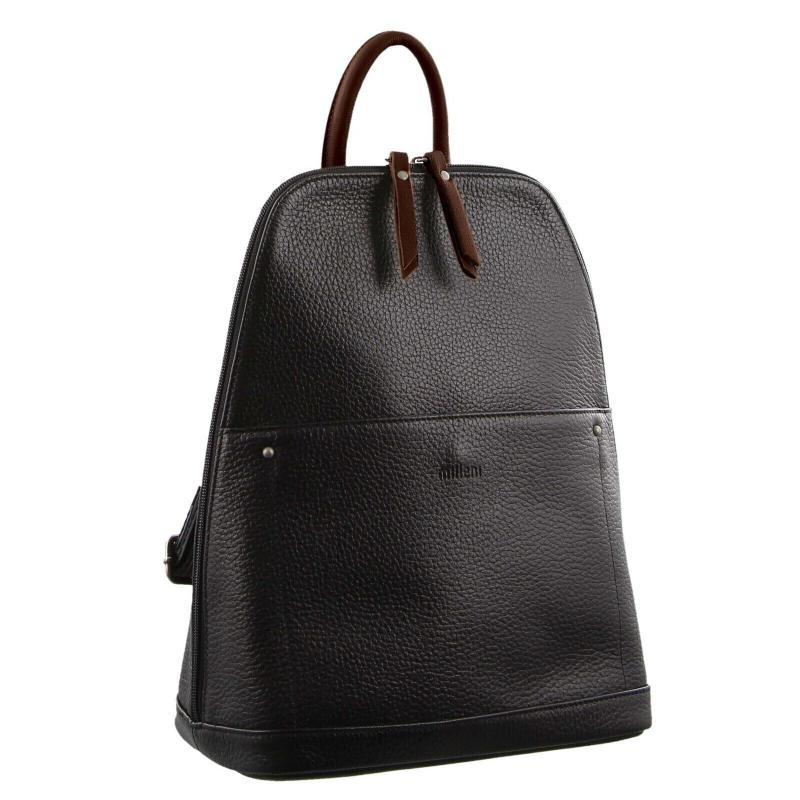 Milleni Ladies Genuine Italian Leather Backpack Bag Twin Zip Black/Chestnut Women Backpacks
