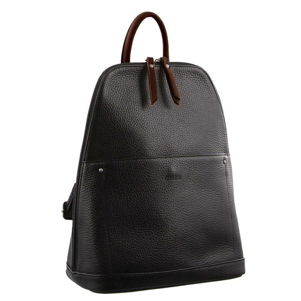 Milleni Ladies Genuine Italian Leather Backpack Bag Twin Zip Black/Chestnut Women Backpacks