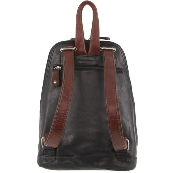 Milleni Ladies Genuine Italian Leather Backpack Bag Twin Zip Black/Chestnut Women Backpacks