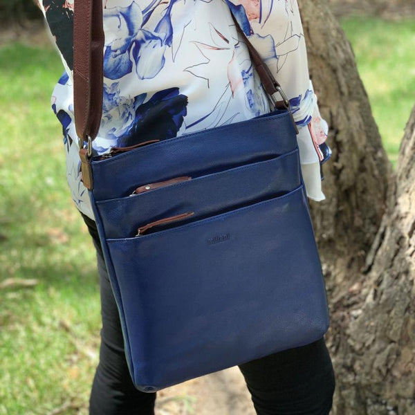 Milleni Womens Italian Leather Bag Soft Nappa Cross Body Travel Indigo/Chestnut Women's Bags & Handbags