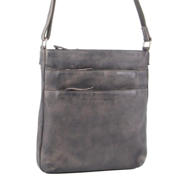 Milleni Ladies Nappa Leather Zip Closure Cross Body Bag Travel Slate Women's Bags & Handbags