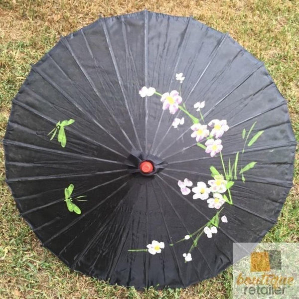 Br Costumes Parasol Umbrella Chinese Japanese Bamboo Flower Pattern Fabric 80Cm Diameter Black Umbrellas
