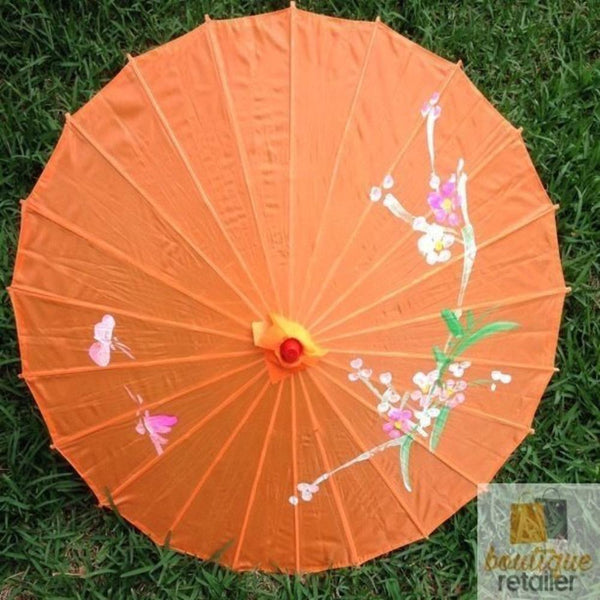Br Costumes Parasol Umbrella Chinese Japanese Bamboo Flower Pattern Fabric 80Cm Diameter Orange Umbrellas