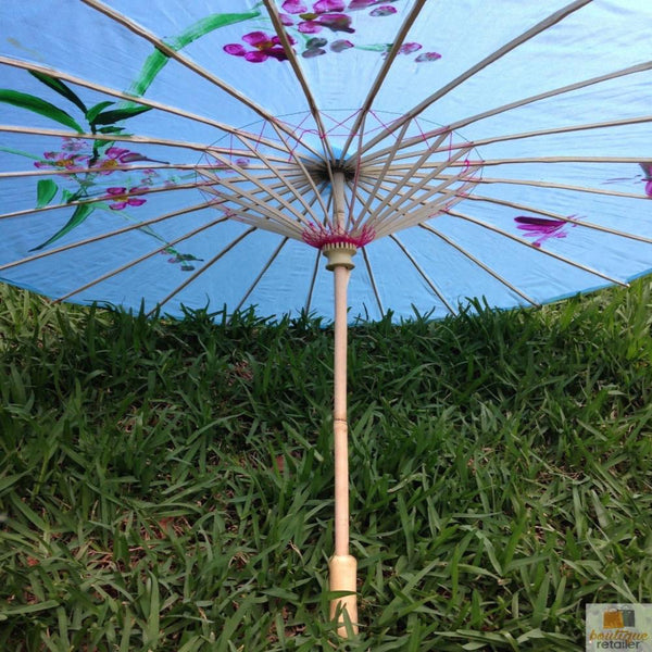 Br Costumes Parasol Umbrella Chinese Japanese Bamboo Flower Pattern Fabric 80Cm Diameter Sky Blue Umbrellas