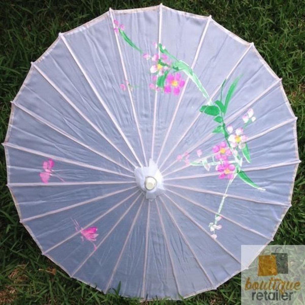 Br Costumes Parasol Umbrella Chinese Japanese Bamboo Flower Pattern Fabric 80Cm Diameter White Umbrellas