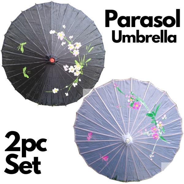 2Pc Set Parasol Umbrella Black + White Chinese Japanese Bamboo Flower Pattern Party Decorations