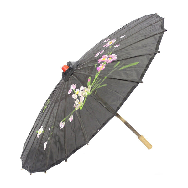 2Pc Set Parasol Umbrella Black + White Chinese Japanese Bamboo Flower Pattern Party Decorations