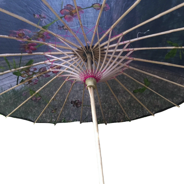 2Pc Set Parasol Umbrella Black + White Chinese Japanese Bamboo Flower Pattern Party Decorations