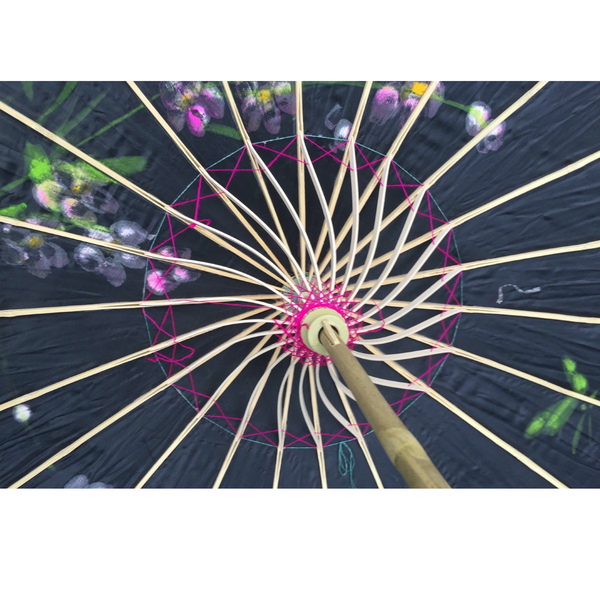 2Pc Set Parasol Umbrella Black + White Chinese Japanese Bamboo Flower Pattern Party Decorations