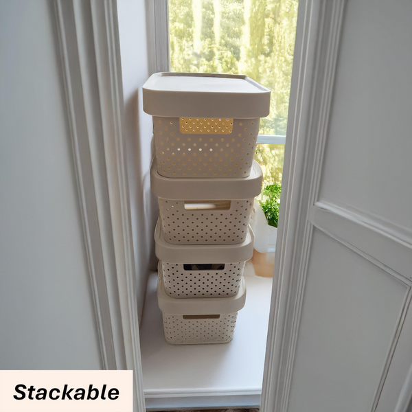 24X 5L Premium Plastic Storage Basket Container Box W/ Lid Dot Pattern (26.5*18*12.5Cm) Storage Bins & Baskets