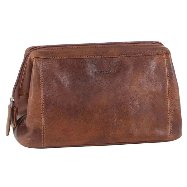 Pierre Cardin Mens Rustic Leather Toiletry Case Bag Travel Cognac Bags