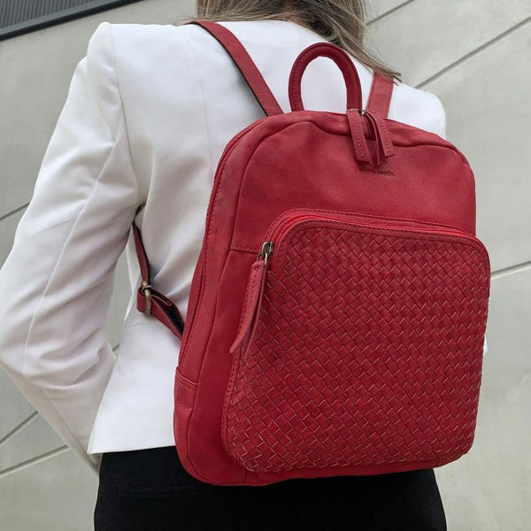 Pierre Cardin Womens Woven Soft Leather Backpack Bag Travel Designer Red Women Backpacks