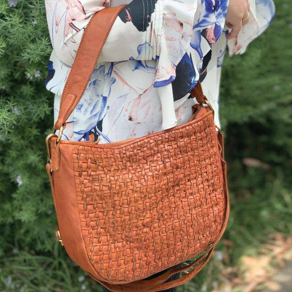 Pierre Cardin Woven Leather Ladies Crossbody Messenger Bag Travel Cognac Women's Bags & Handbags