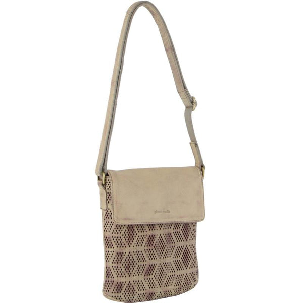 Pierre Cardin Leather Perforated Cross Body Bag With Flap Closure Latte Women's Bags & Handbags