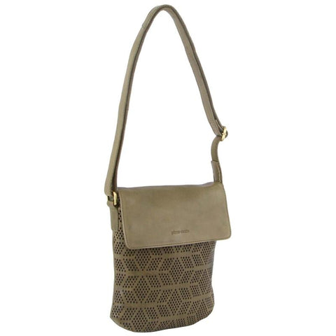 Pierre Cardin Leather Perforated Cross Body Bag With Flap Closure Olive Women's Bags & Handbags