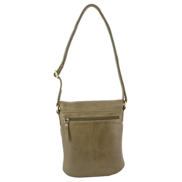 Pierre Cardin Leather Perforated Cross Body Bag With Flap Closure Olive Women's Bags & Handbags