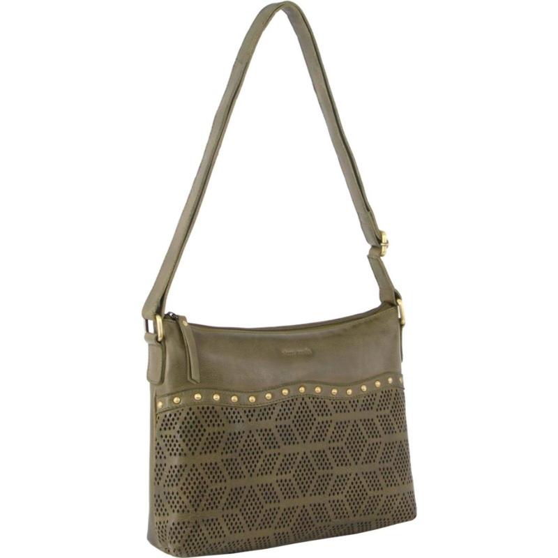 Pierre Cardin Womens Leather Perforated Cross Body Bag W/ Stud Detailing Travel Olive Women's Bags & Handbags