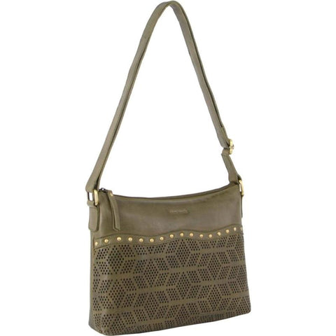Pierre Cardin Womens Leather Perforated Cross Body Bag W/ Stud Detailing Travel Olive Women's Bags & Handbags