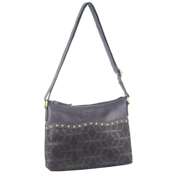 Pierre Cardin Womens Leather Perforated Cross Body Bag With Stud Detailing Teal Women's Bags & Handbags