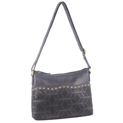 Pierre Cardin Womens Leather Perforated Cross Body Bag With Stud Detailing Teal Women's Bags & Handbags